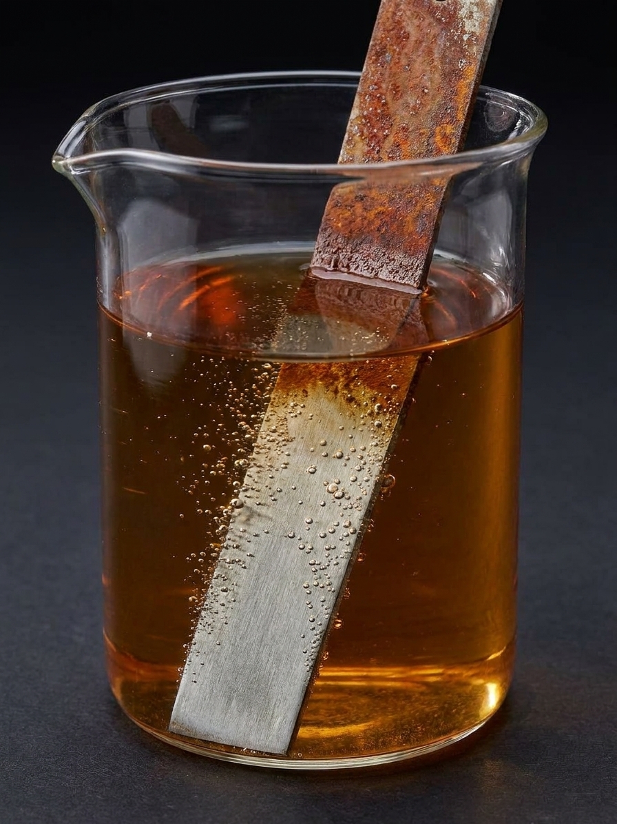 Steel coupon in Derustine acid solution, rust dissolving to reveal clean metal