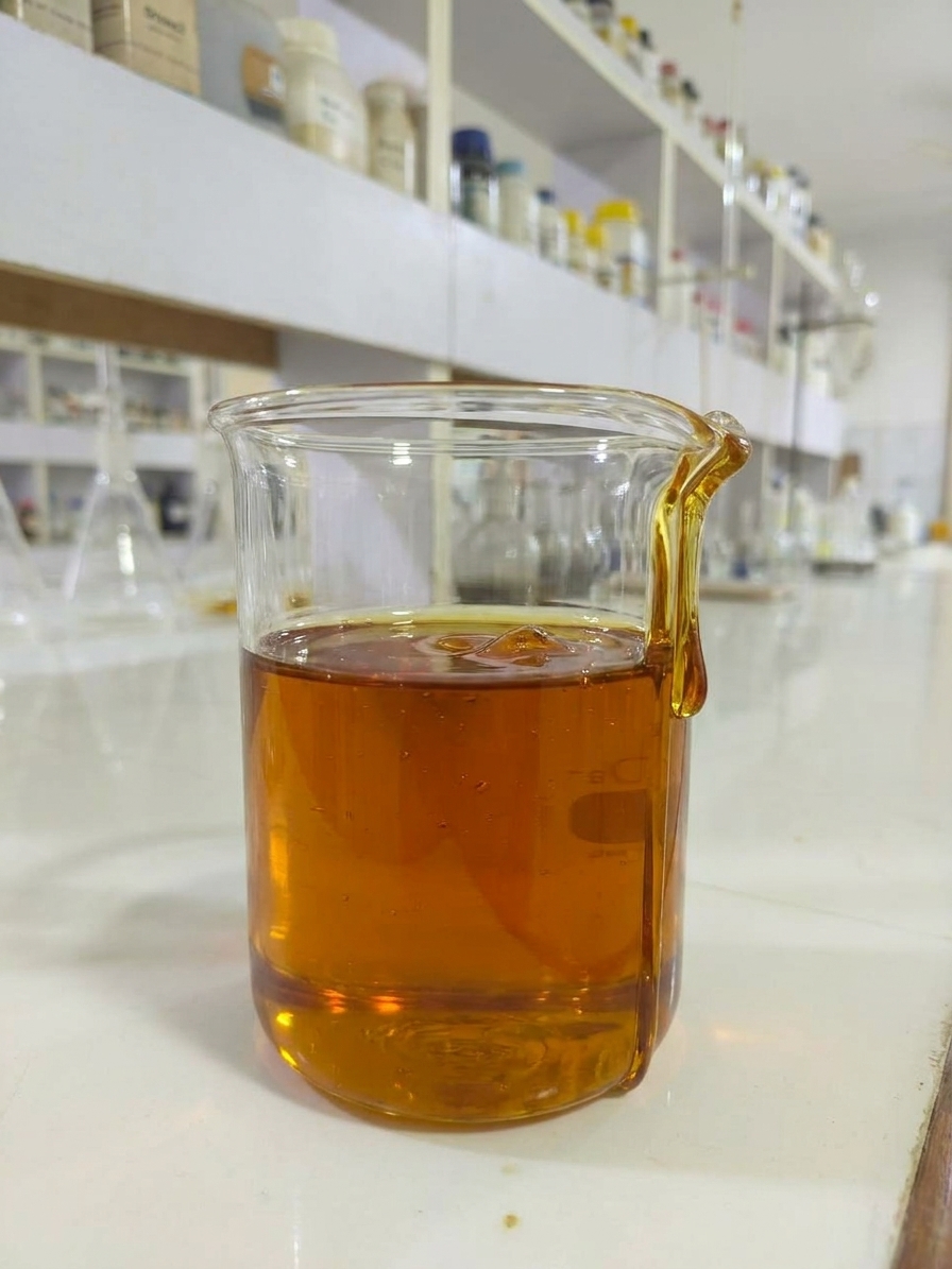 Viscous amber wet lubricant oil in a glass beaker